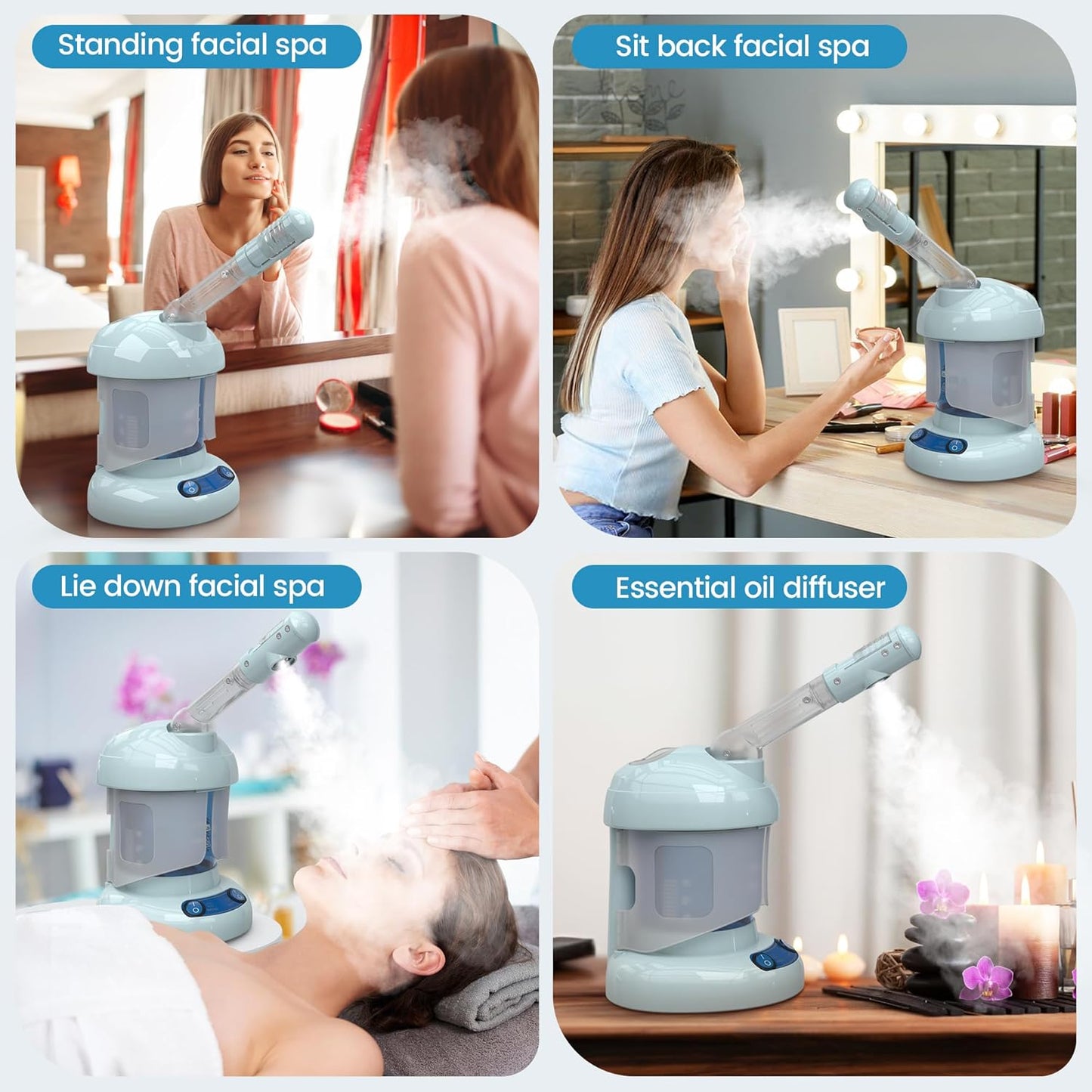 Nisperos Nano Ionic Facial Steamer - 360° Rotatable Sprayer - 40 Minutes Warm Mist - Humidifier - Professional Face Steamer for Facial Deep Cleaning (Light Blue)