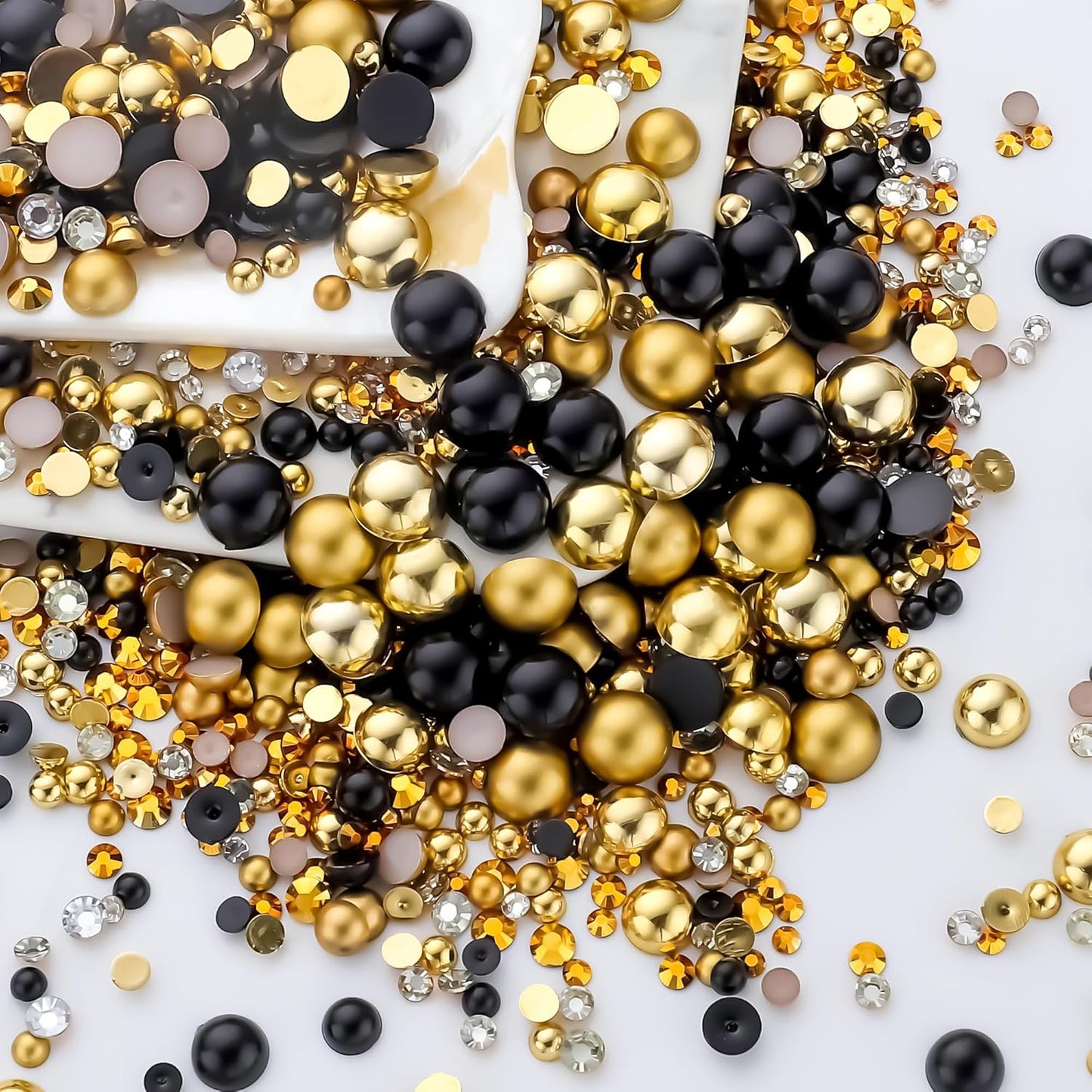 160g Gold Black Flatback Pearls Rhinestones with Gel for Crafts Mixed Size 3mm-10mm AB Color Round Half Pearls Flatback Pearl Beads and Resin Rhinestones Set for Face Art