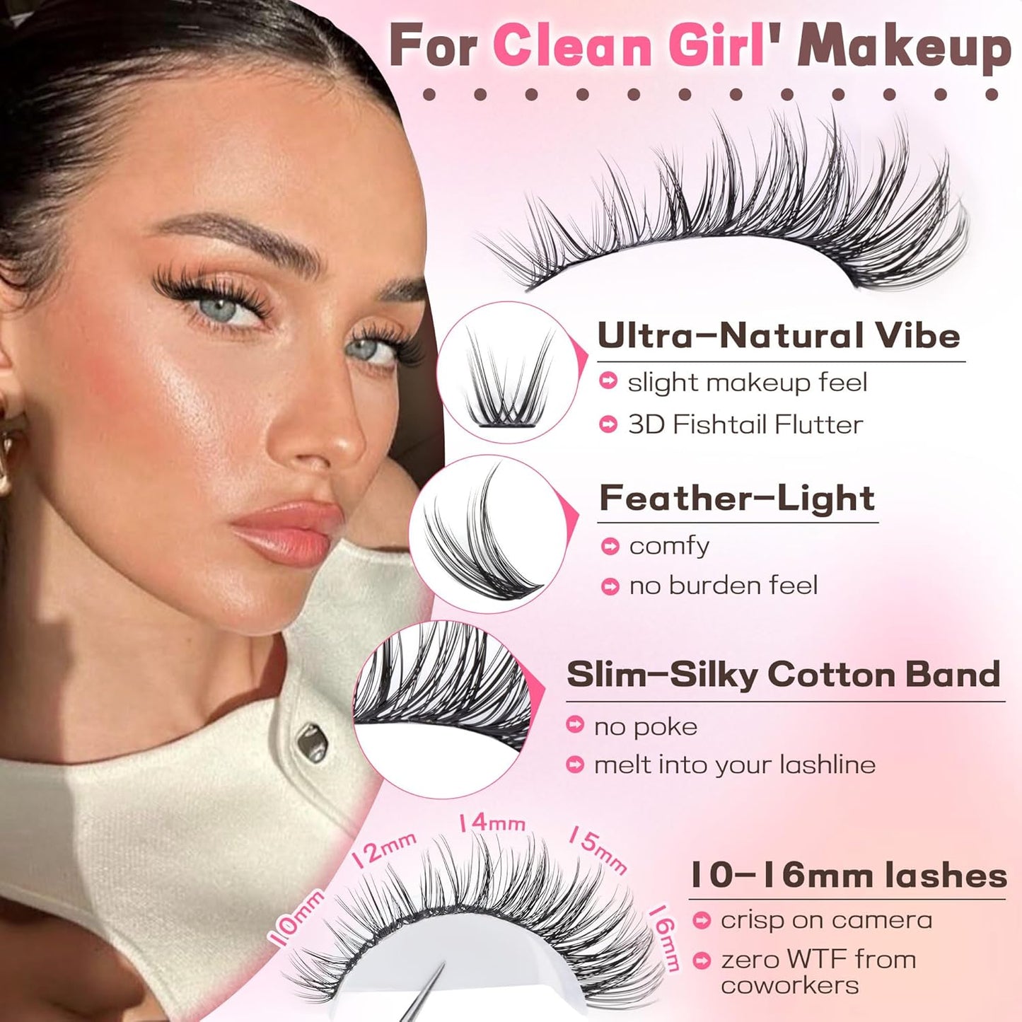 Lash Clusters Kit Wispy Eyelash Clusters Lashes Natural DIY Lash Extension Kit 10-16mm Cluster Eyelash Extensions Kit 300pcs C Curl Individual Lashes Cluster Eyelash (No Tweezers)