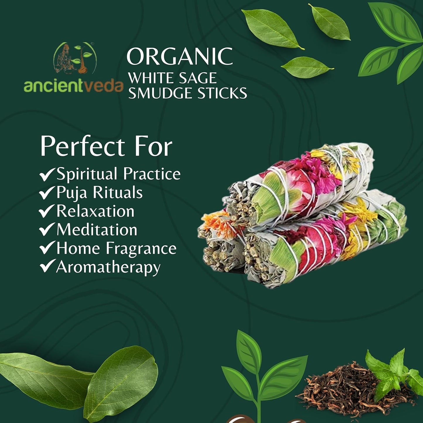 Ancient Veda Joy Organic White Sage Smudge Sticks with Flowers for Cleansing Home, Meditation, Yoga, Healing and Smudging | Sustainably Sourced California White Sage Bundles (1 Pack - 9 Inch)