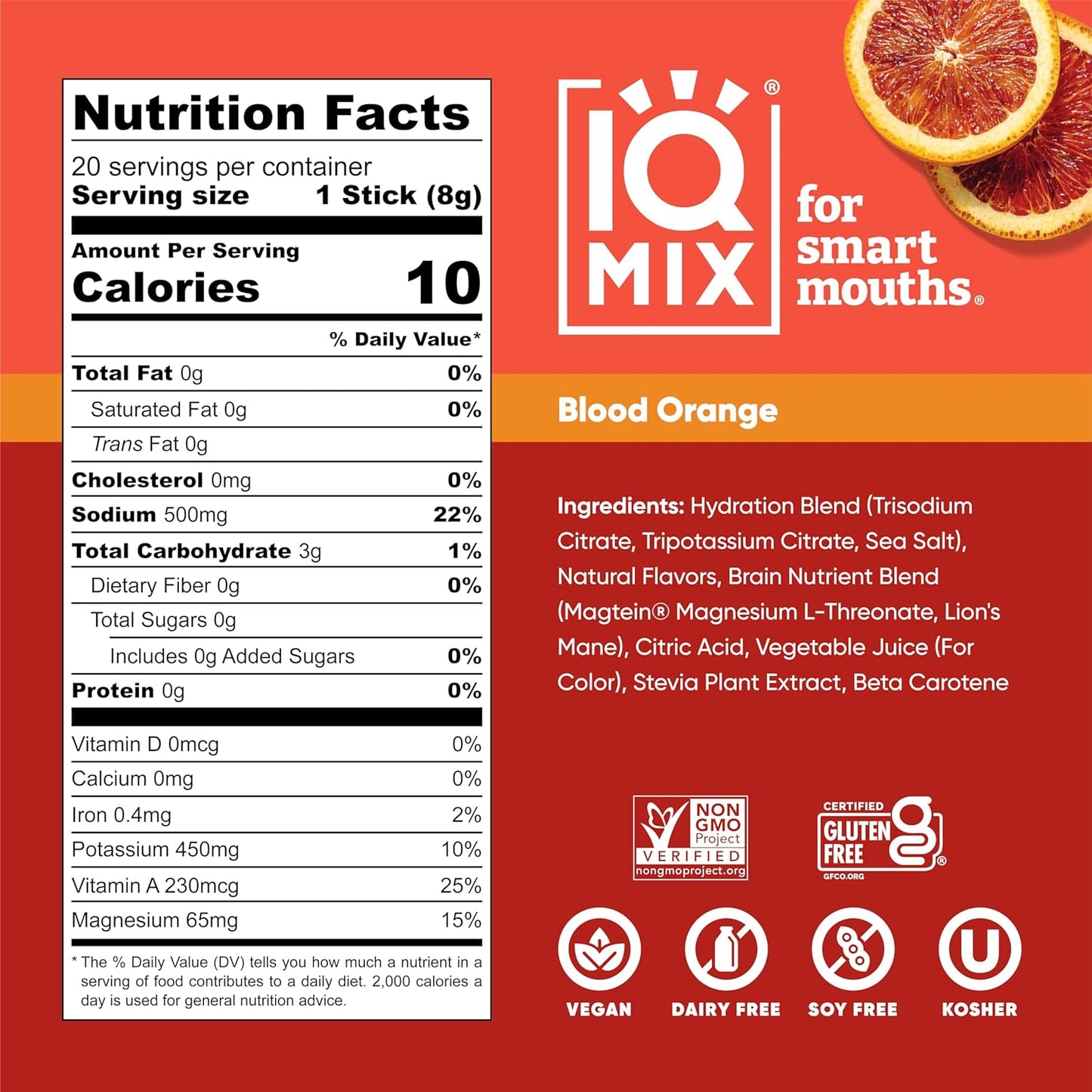 IQMIX Hydration Electrolyte Powder – 4-in-1 Formula for Hydration, Mental Clarity, Mood and Recovery – Sugar-Free Drink Mix, Keto, Magnesium L-Threonate, Lion’s Mane – 20 Count Blood Orange