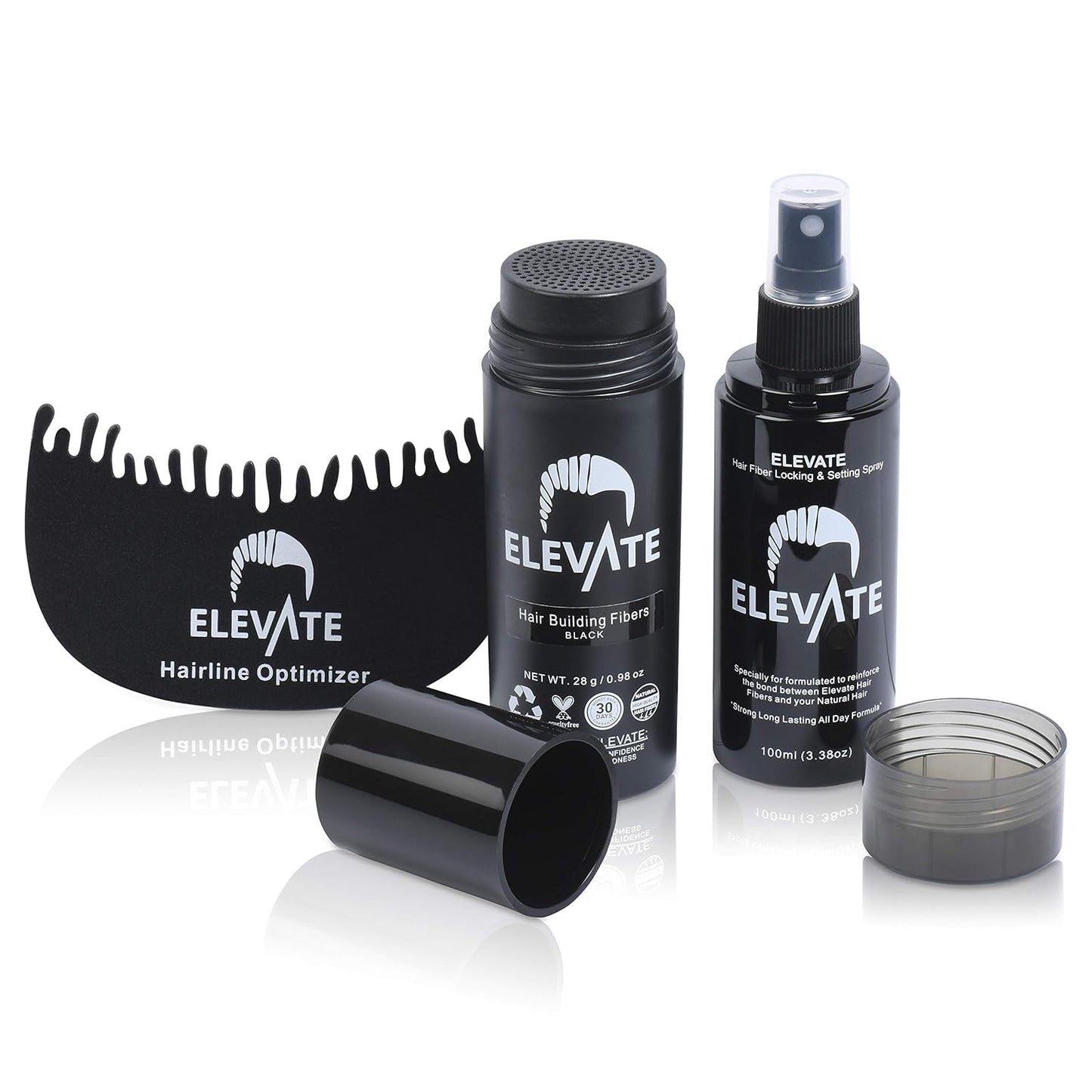 Elevate Hair Building Fibers 3-in-1 Kit for Thinning Hair (Black) Keratin Hair Thickening Powder with Fiber Lock Spray & Hairline Optimizer Comb - Instant Hair Concealer Waterproof for Men & Women