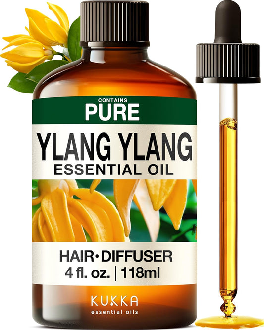 Kukka Ylang-Ylang Essential Oil for Diffuser & Skin - 4 Fl Oz - Ylang Ylang Oil - Boasting a Long Lasting & Exotic Floral Scent fit for Hair, Aromatherapy, DIY Soap Making Scents