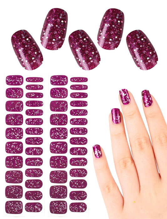 48 Pcs Semi Cured Gel Nail Polish Strips for Women, Self-Adhesive No UV Light Needed Glitter Nail Design Stickers for Nail Art Wraps (Purple)(Purple)