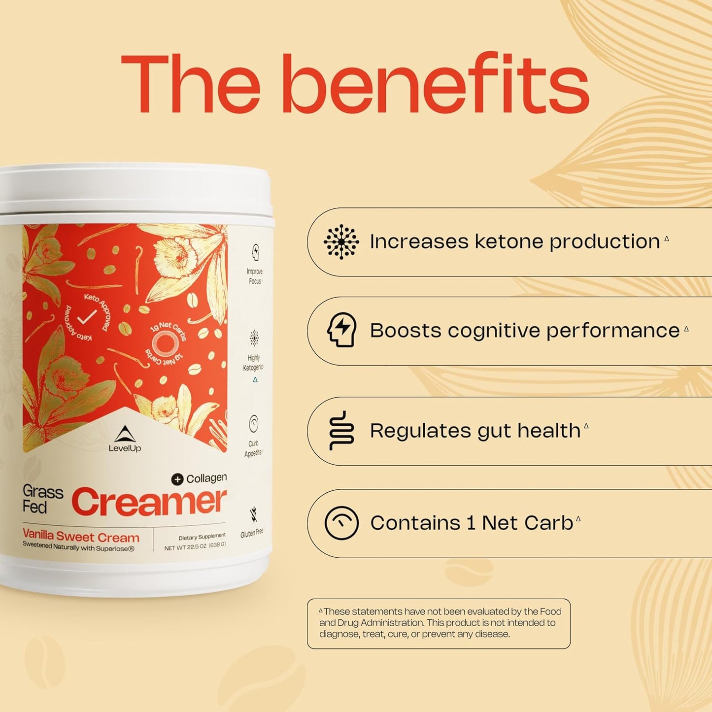 LevelUp Creamer, with Energizing MCT Oil and Collagen Peptides, Keto Coffee Creamer, Supports Natural Energy & Ketone Production - Vanilla Sweet Cream, 22.5 oz