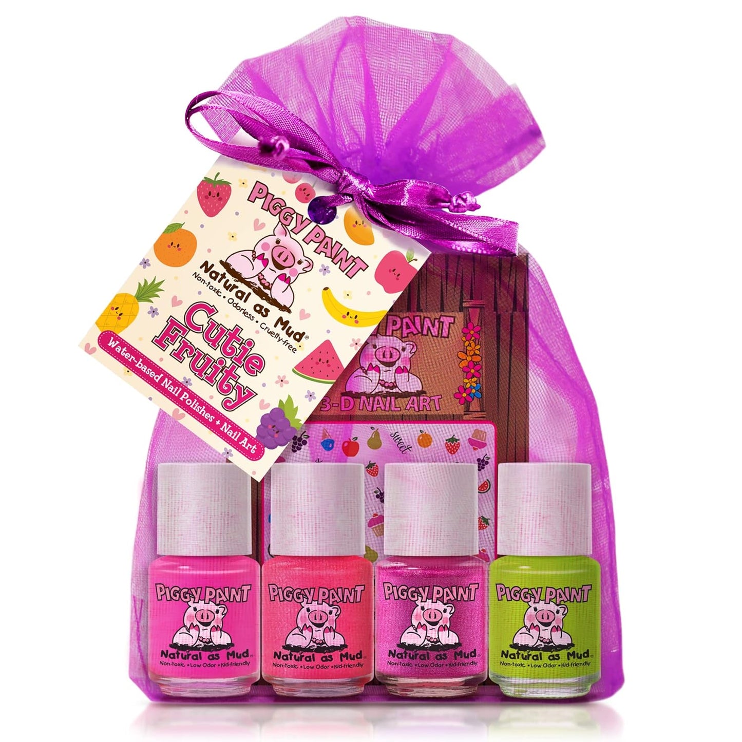Piggy Paint | 100% Non-Toxic Girls Nail Polish | Safe, Cruelty-free, Vegan, & Low Odor for Kids | Cutie Fruity (4 Polish + Nail Art Gift Set)