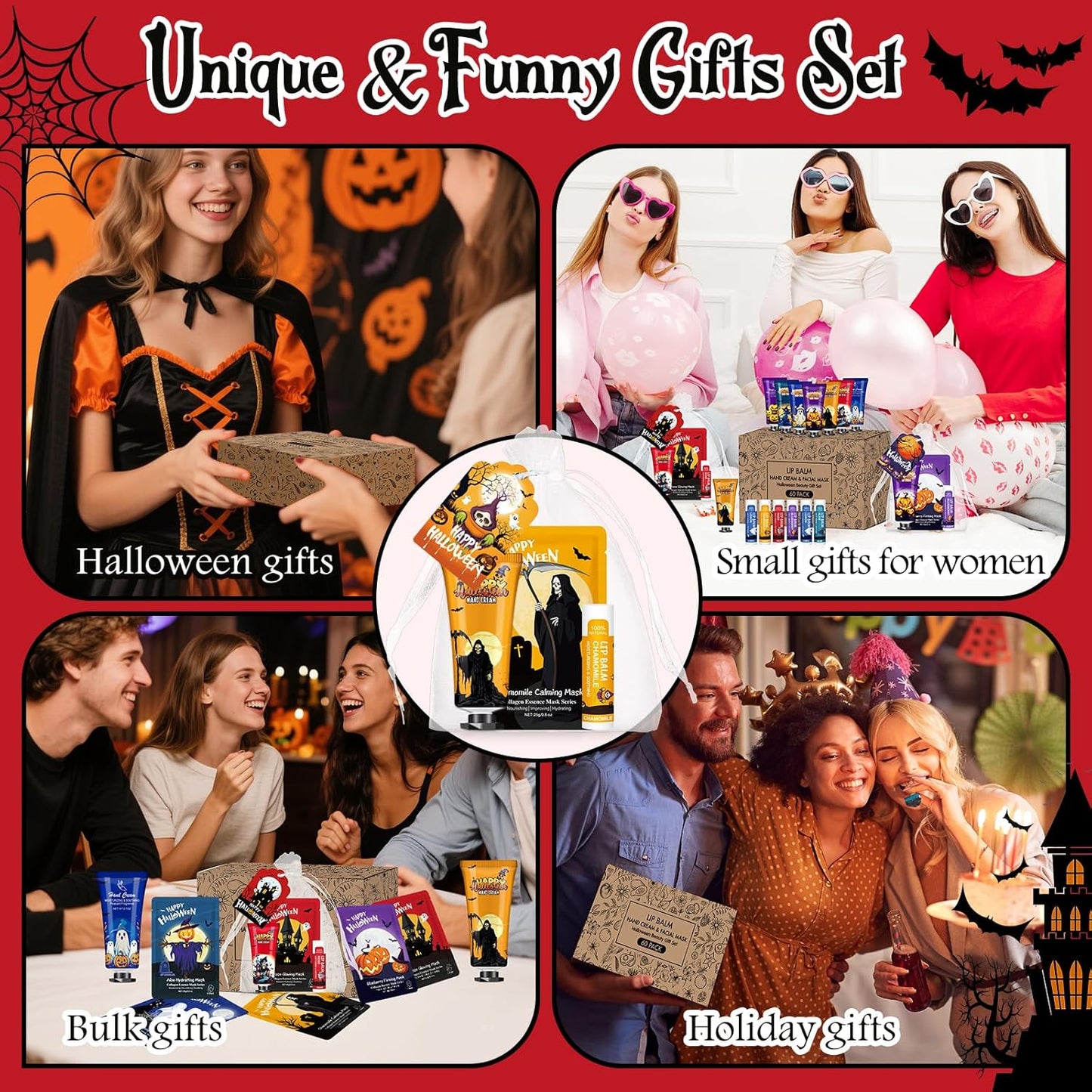 60 Pack Bulk Halloween Facial Mask, Hand Cream and Lip Balm Sets, Halloween Gifts, Halloween Party Favors, Halloween Decorations and Halloween Basket Stuffers with Halloween Card and Organza Bags