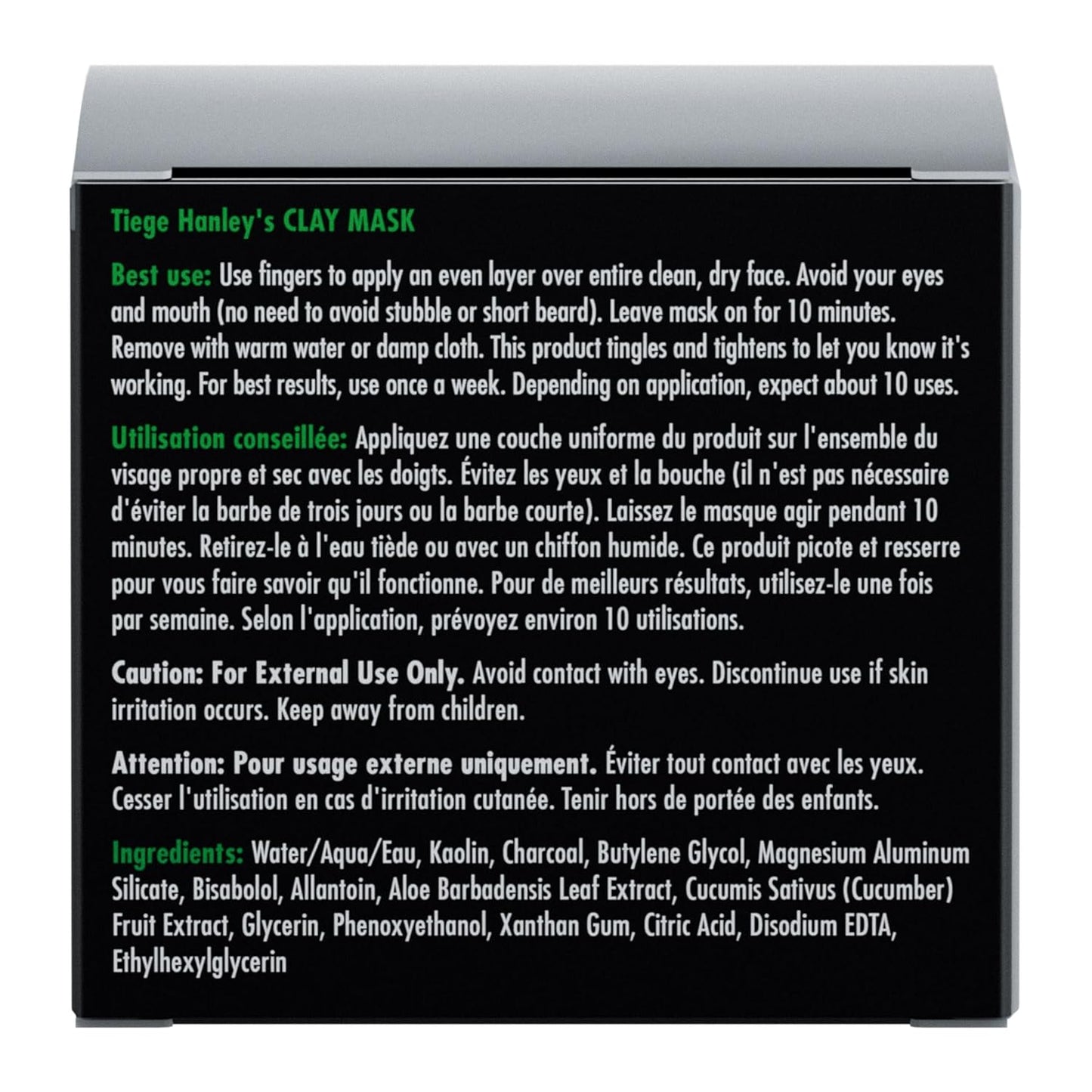 Tiege Hanley Mens Detoxifying Facial Clay Mask, 2 Oz (1-Pack) - Deep Pore Cleansing Charcoal Face Mask with Natural Kaolin Clay Absorbs Excess Oil & Reduces Appearance Pores - Skin Care for Men