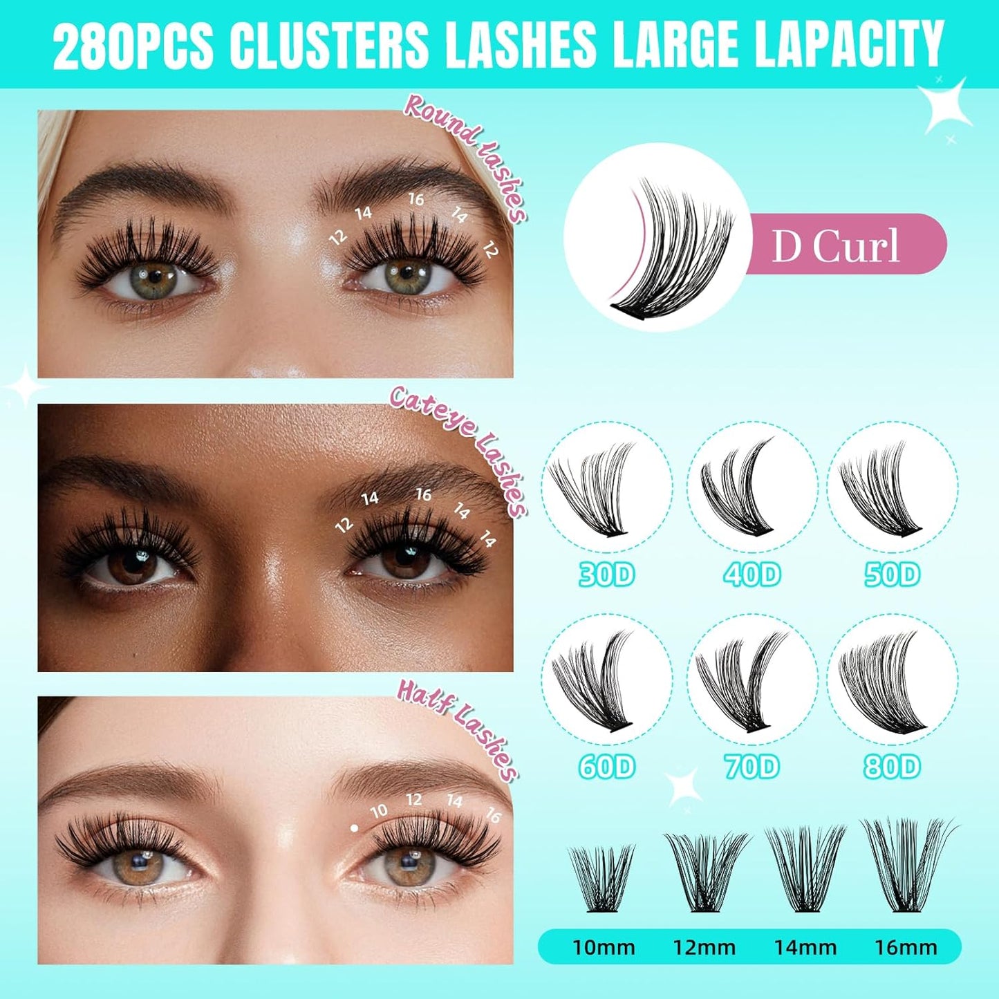 Lash Clusters Wispy 280PCS Eyelash Extension 50D Cluster Lashes Individual Lashes DIY Lash Extension Natural Look Cluster Eyelash Extensions Soft False Eyelashes at Home for Beginners(12mm)