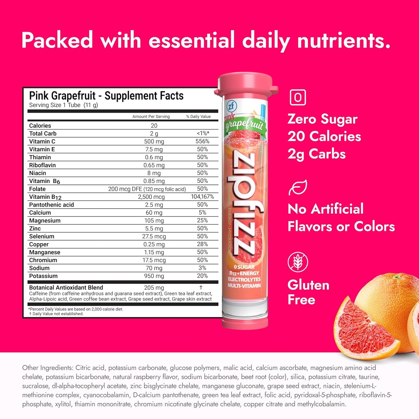 Zipfizz Daily Energy Drink Powder, Pink Grapefruit, 20 Pack | 3-in-1 Sustained Energy, Rapid Hydration, and Essential Vitamins | Sugar-Free | Electrolyte Powder | Contains Vitamin B-12 & Antioxidants