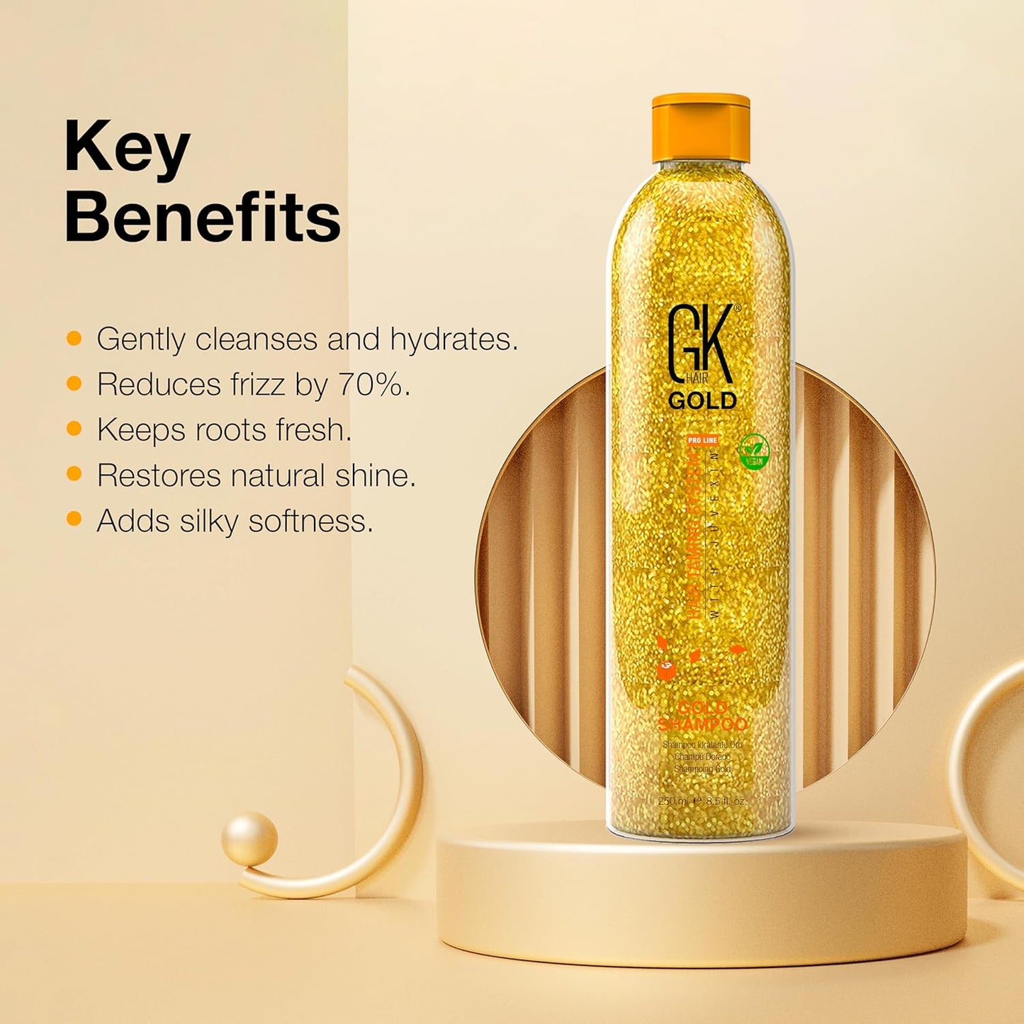 GK HAIR Global Keratin Gold Shampoo (8.5 Fl Oz/250ml) Hair Moisturizing Shine and Protection With Argan Oil, Shea Butter, Natural Oils All Hair Types