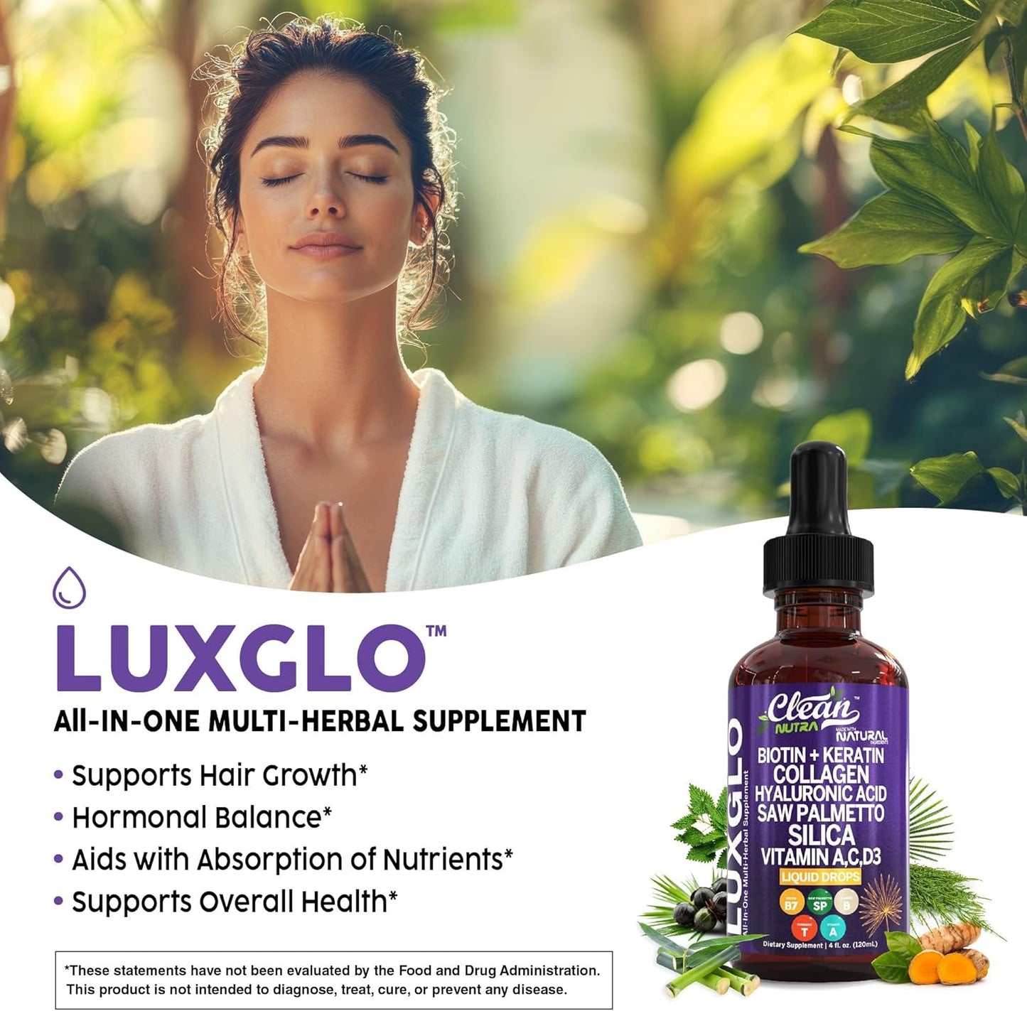 Biotin Liquid Drops Collagen Keratin Hyaluronic Acid Saw Palmetto for Hair Skin and Nails Silica Vitamin A C Vitamin D Bamboo Turmeric Zinc Folate Magnesium Horsetail LuxGlo by Clean Nutra