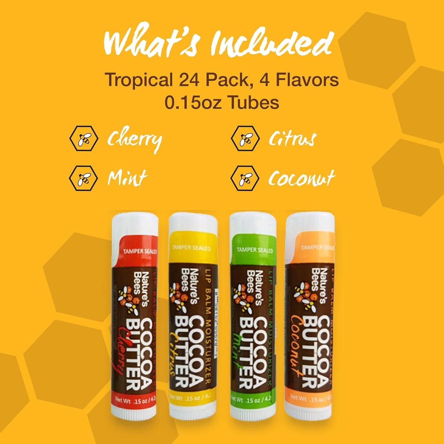 Nature's Bees Cocoa Butter Lip Balm, Lip Care for Dry Lips, Made with Coconut Oil, Beeswax, Vitamin E, Aloe, and Shea Butter, 0.15 oz Each, 4 Flavors, Citrus, Coconut, Cherry, and Mint, 24 Pack