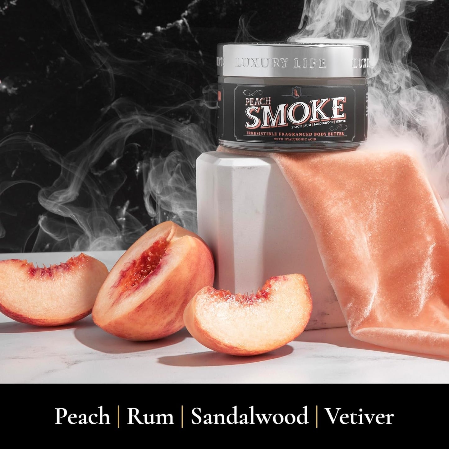 LUXURY LIFE BUTTER - Irresistibly Scented Body Butter with Hyaluronic Acid for Ultimate Moisture. Hydrates for a Non-Greasy Glamorous Glow (Dessert, Presidential and Peach Smoke)