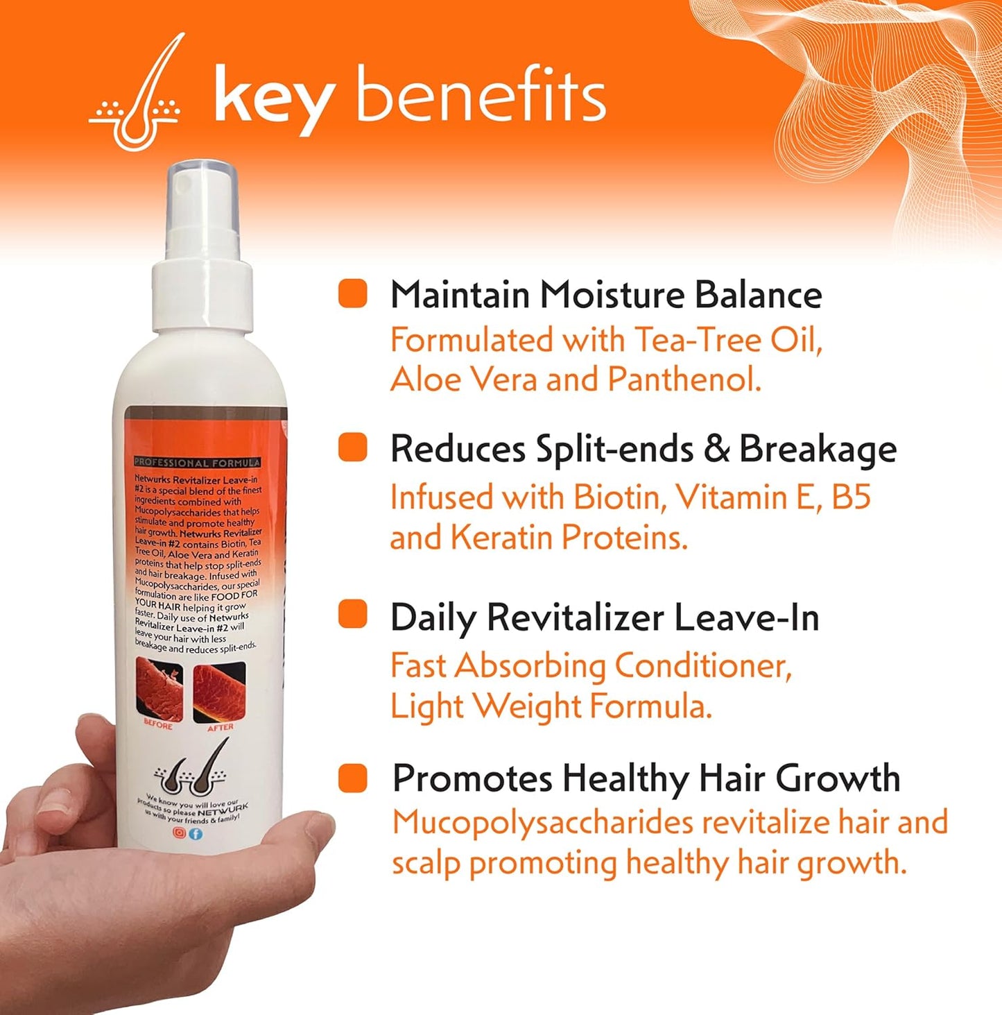 Regrowth Hair & Scalp Revitalizer Leave-In Spray, Biotin & Tea-Tree Oil, Restores Hair Loss, Promotes Hair Growth, Heat Protectant, 8 oz