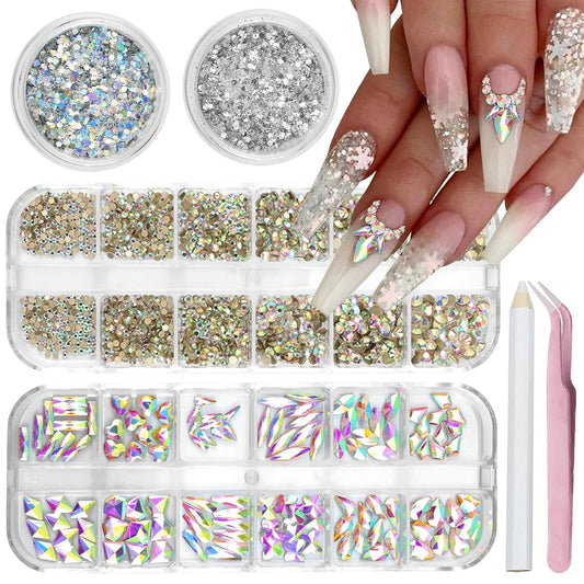 Nail Art Rhinestones Flatback Rhinestones Nail Charms Fine Glitter Supplies Mixed AB Crystals Gems Glitter Powder Luxury Design Jewelry Accessories for Women Manicure Decorations.