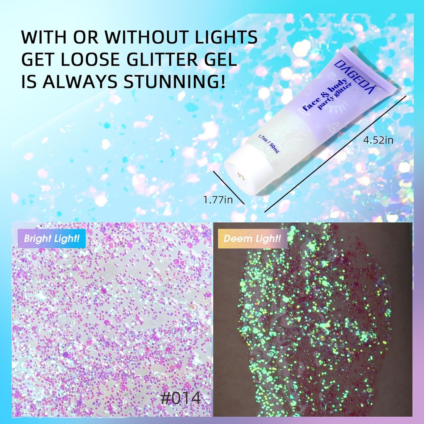DAGEDA Body Glitter Gel, Holographic Face Glitters Body Gel Shimmer Liquid Eyeshadow, Color Changing Glitter for Face Hair Nails, Glitter Under Light Festival Glitter Makeup 1.7oz (Neno Pink)