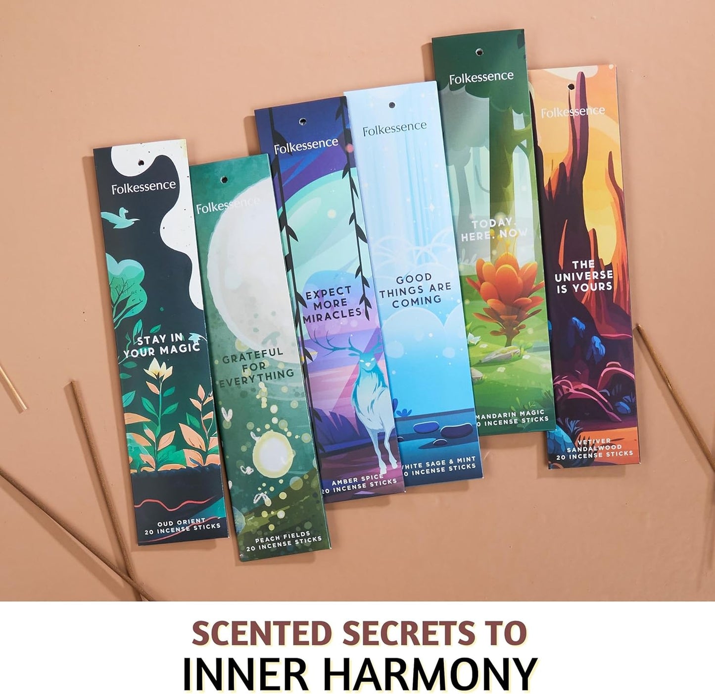 Folkulture Incense Sticks | Set of 6 (120 Non Toxic Insence-Sticks) with 45 Mins Burn Time | White Sage, Sandalwood, Oud Orient, Amber Space, Peach Fields | Organic Inscents-Stick Gift for Her