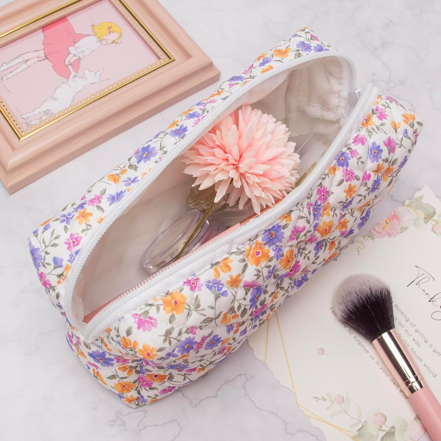 PAZIMIIK Vintage Quilted Makeup Bag Cosmetic Pouch for Brushes Pencils and Travel Make Up Accessories for Women and Girls,Little flower