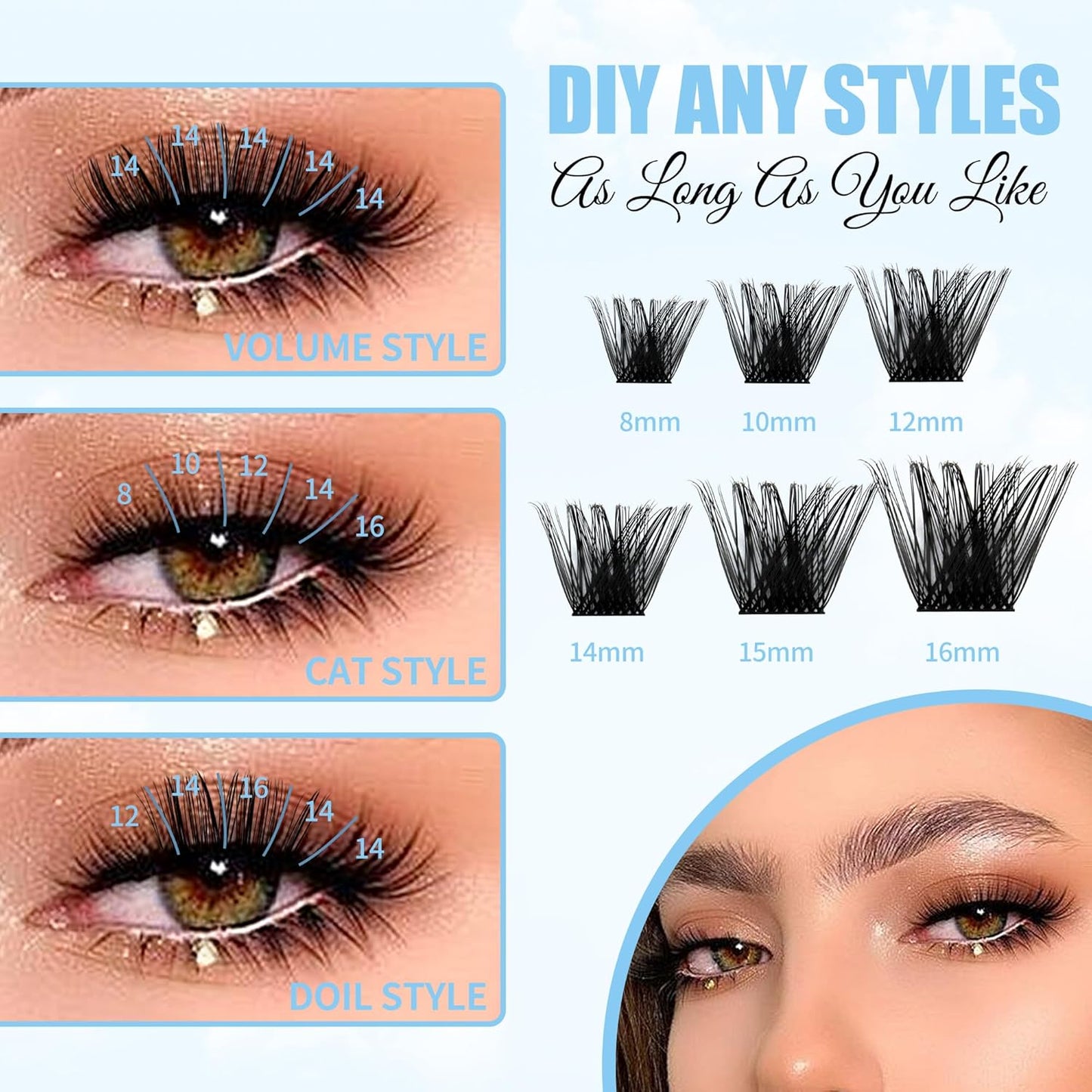 Cluster Lashes GEMERRY Lash Clusters Fluffy Individual Lashes Two Styles Eyelash Clusters Wide Stem Soft Wispy Eyelash Extension Clusters DIY at Home(Forest/Ocean-0.07-D-8-16MIX)