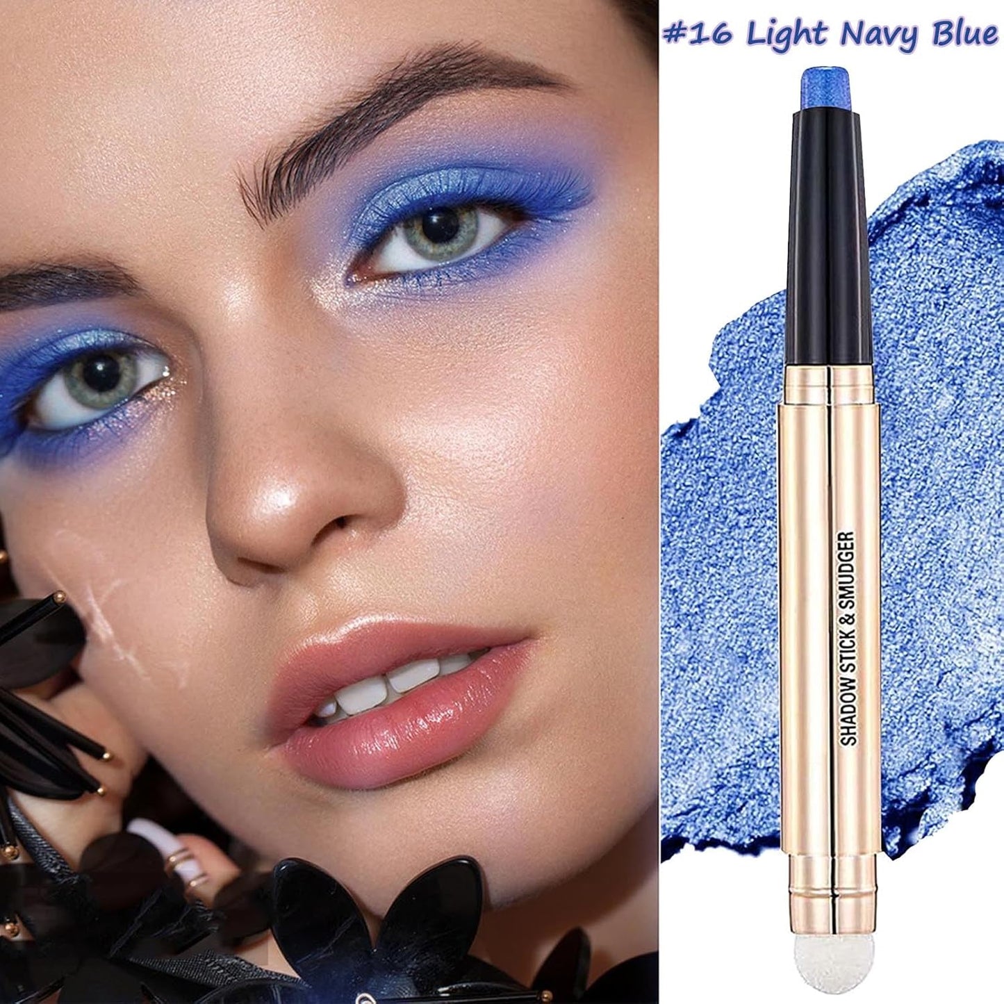 2 in 1 blue Eyeshadow stick and Sponge Makeup Brush, Smooth Cream Shimmer Shadow Pencil Long Lasting Waterproof Eye Shadow Highlighter Stick Makeup , Hypoallergenic Eyeshadow, Highlighter Eye Liner