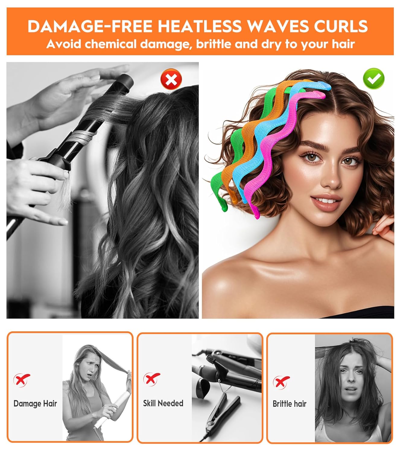 42 Pieces Heatless Waves Hair Curler, No Heat Damage Wavy Hair Curlers with 2 Sets of Styling Hooks, Heatless Curls for Women Girls Short Hair(4 Colors,25cm/ 9.9")