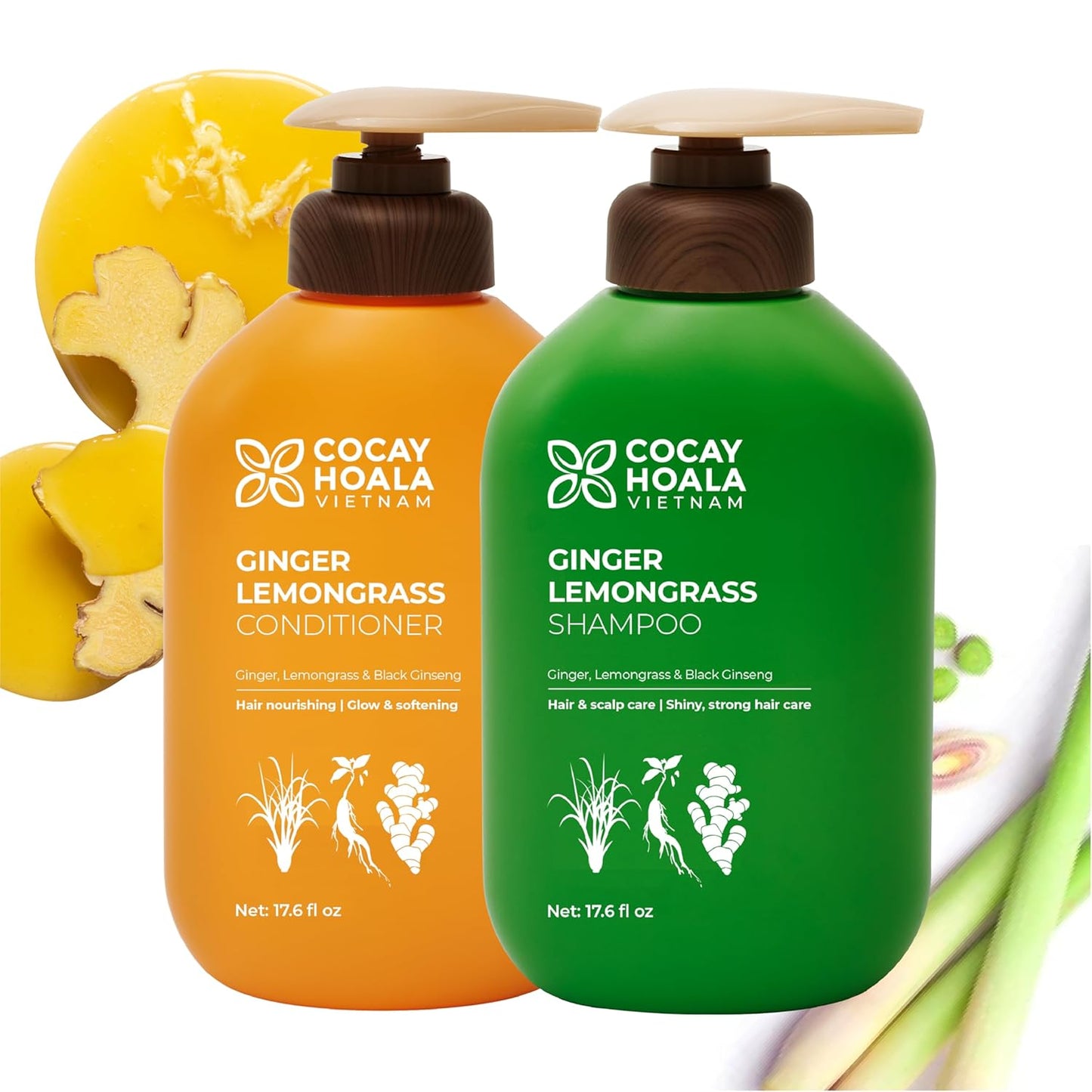 Vietnam's Touch | COCAY HOALA Ginger Lemongrass Shampoo and Conditioner Set for Hair Growth – Moisturizing & Soft Hair, Deep Cleansing for Oily Roots – Paraben Free (17.64 oz, 2 Pack)