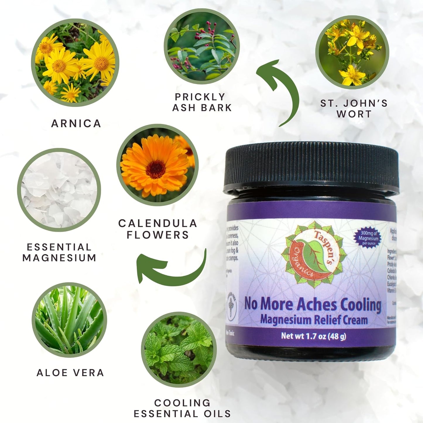 Taspen's Organics Magnesium No More Aches Cooling Cream - Muscle Relief- Sore Muscles & Post-Workout Recovery - Natural Comfort for Tension & Cramps - Made in USA (1.7 oz)