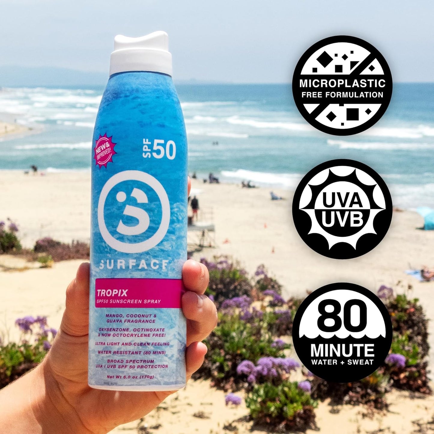 Surface Sunscreen Spray SPF 50 for Body, Lightweight Natural Formula, Reef Friendly, Broad Spectrum UVA UVB Protection, Water Resistant Sun Care for 80 Minutes Outdoor Use, Tropical Scent, 6oz