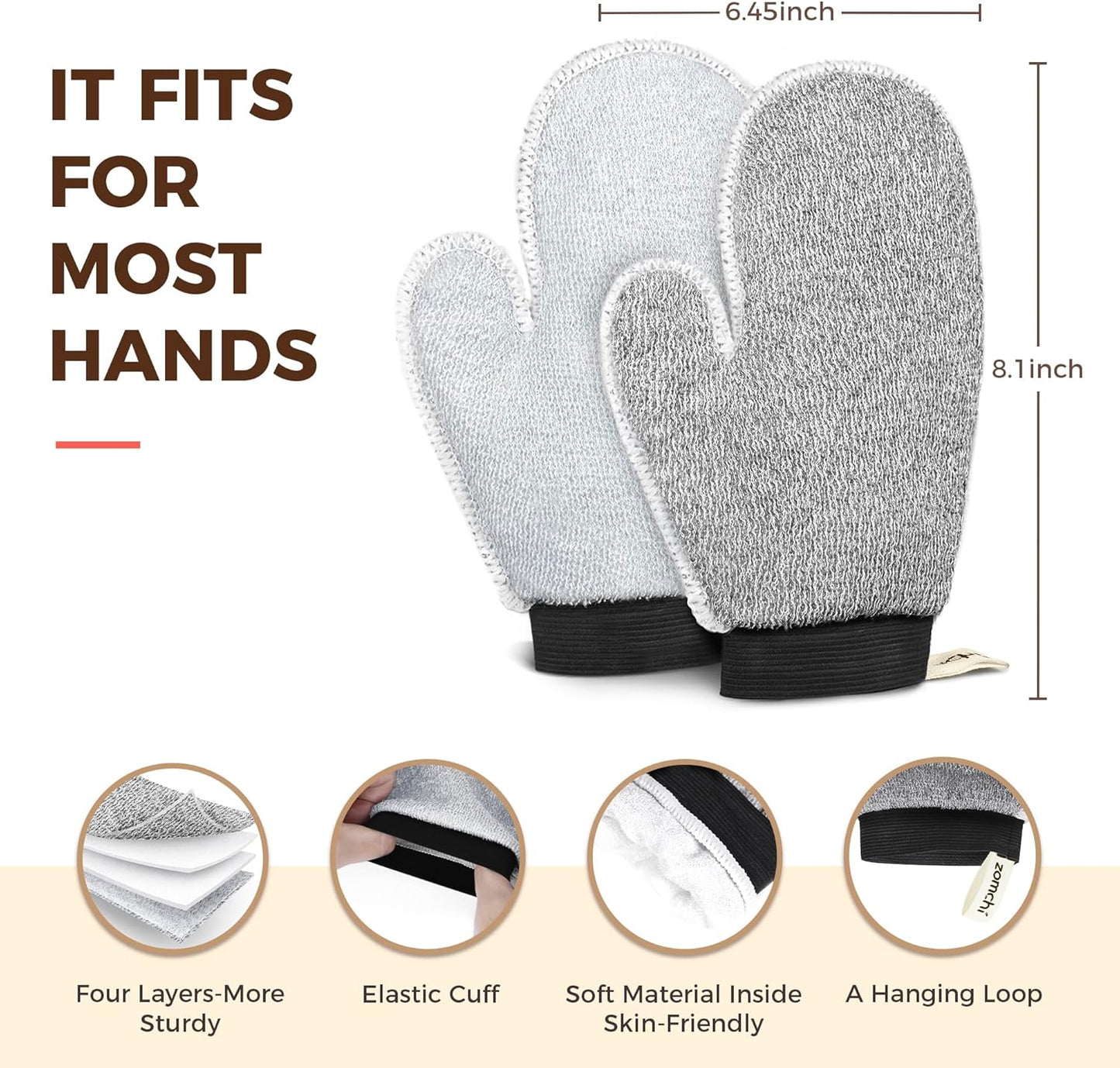 ZOMCHI 2 Pack Deep Exfoliating Glove with Dual Texture, Massage Body Scrub Gloves for Home Spa, Exfoliating Mitt for Dead Skin Removal (Deep + Gentle)