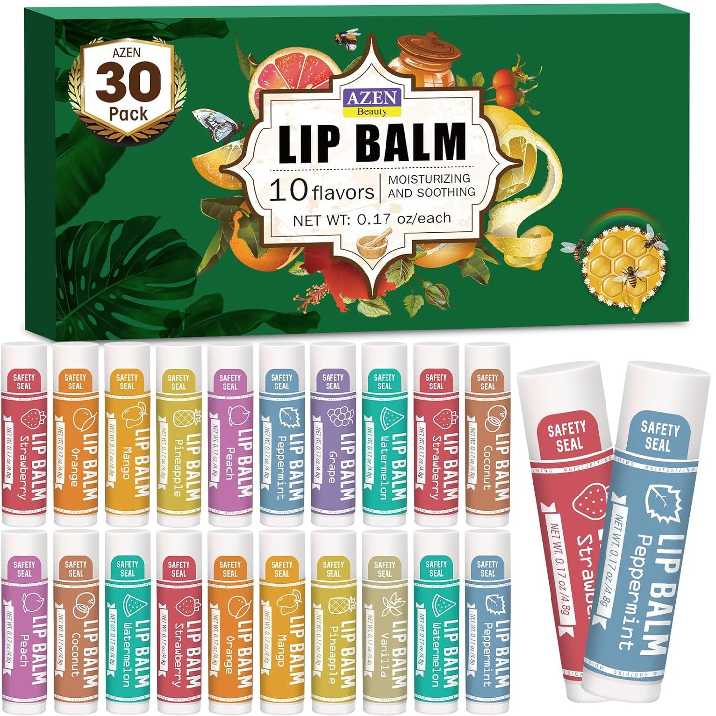 AZEN 30 Pack Lip Balm, Natural Lip Balm Bulk, Lip Care Product, Moisturizing Lip Balms for dry cracked lips - 10 Flavors