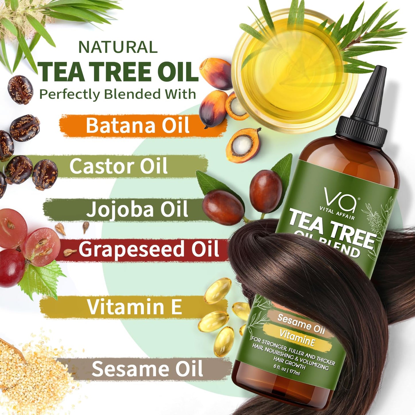 Tea Tree Oil For Hair With Jojoba, Castor, Batana Oil - Tea Tree Hair And Scalp Treatment - Hair Oil For Dandruff - Helps Strengthen, Volumize & Promotes Hair Growth - 6 Fl Oz