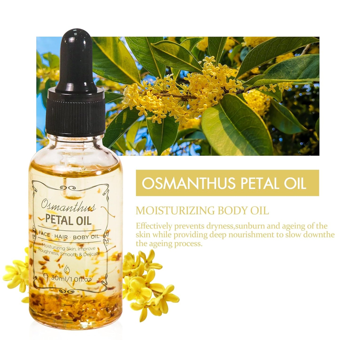 Osmanthus Essential Oil with Flower Petal, Sunflower Seed, Olive Fruit Natural Massage Oils for Nails, Hair, Body, Face Moisturizing Skincare Oil Serum Dry Hair Strengthening Treatment All Types 30ml