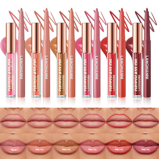 BestLand 12pcs Hydrating Lip Oils + Lip Liner Pencil Lip Combo Sets, 24H Long-Lasting Lip Kit with Lip Liner and Gloss, Nourishing, Non-Sticky Tinted Stain Lip Gloss Plumping Lip Oil Set for Women