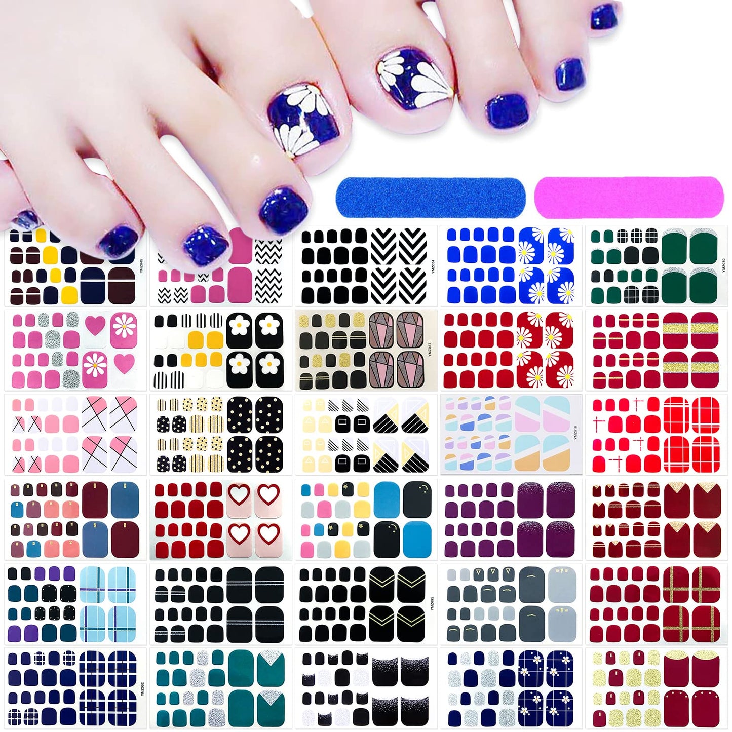 660 Pieces 30 Sheets Toe Nail Polish Strips Nail Stickers Full Nail Wraps Self Adhesive Nail Art Stickers Nail Strips for Women Girl Nail Accessories with Nail File