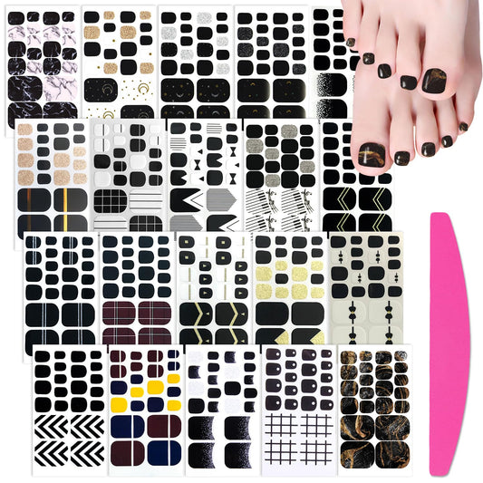 SILPECWEE 20 Sheets Black Toe Nail Stickers Full Nail Wraps for Toes Toenail Polish Strips Gel Nail Strips Self Adhesive Toenails Polish Stickers Nail Art Manicure Sticker with Nail File