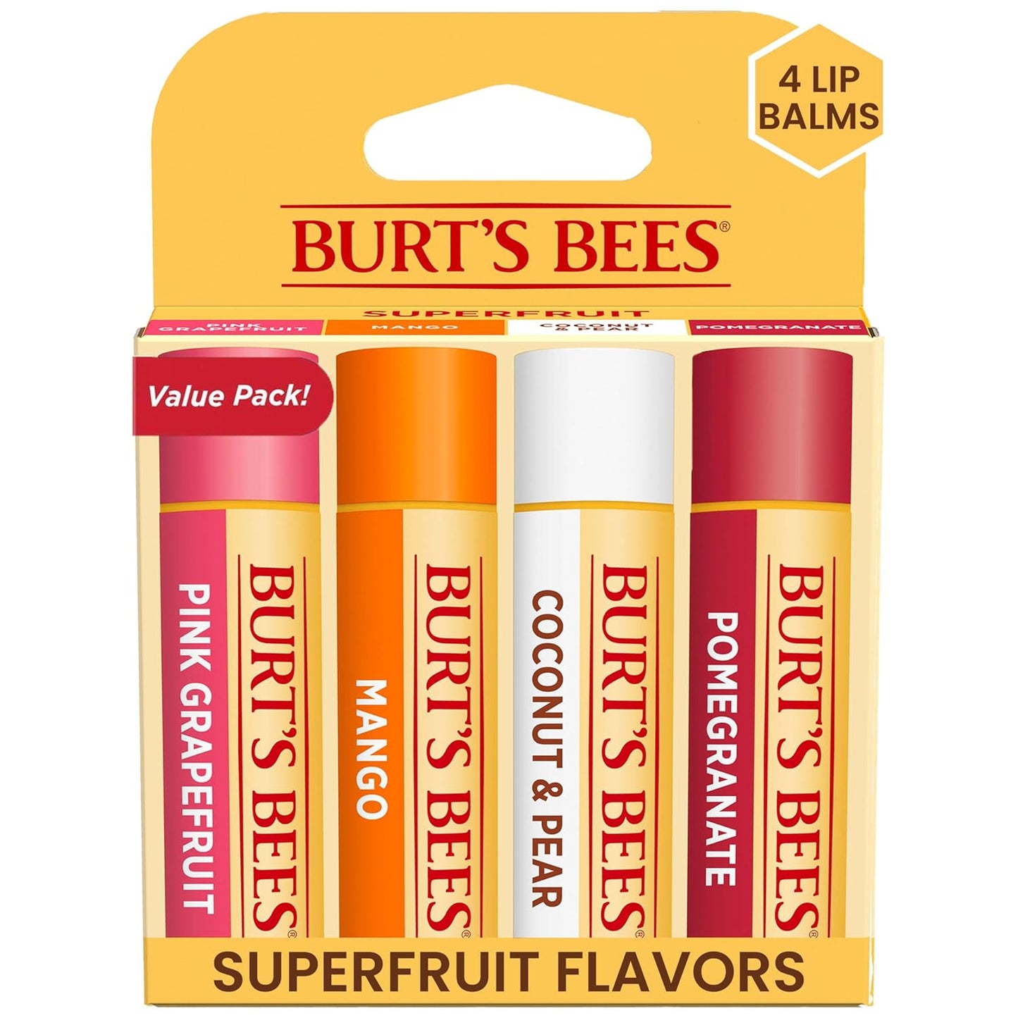 Burt's Bees Lip Balm - Pink Grapefruit, Mango, Coconut & Pear, and Pomegranate Pack, Lip Moisturizer With Beeswax, Tint-Free, Natural Origin Conditioning Treatment, 4 Tubes, 0.15 oz.