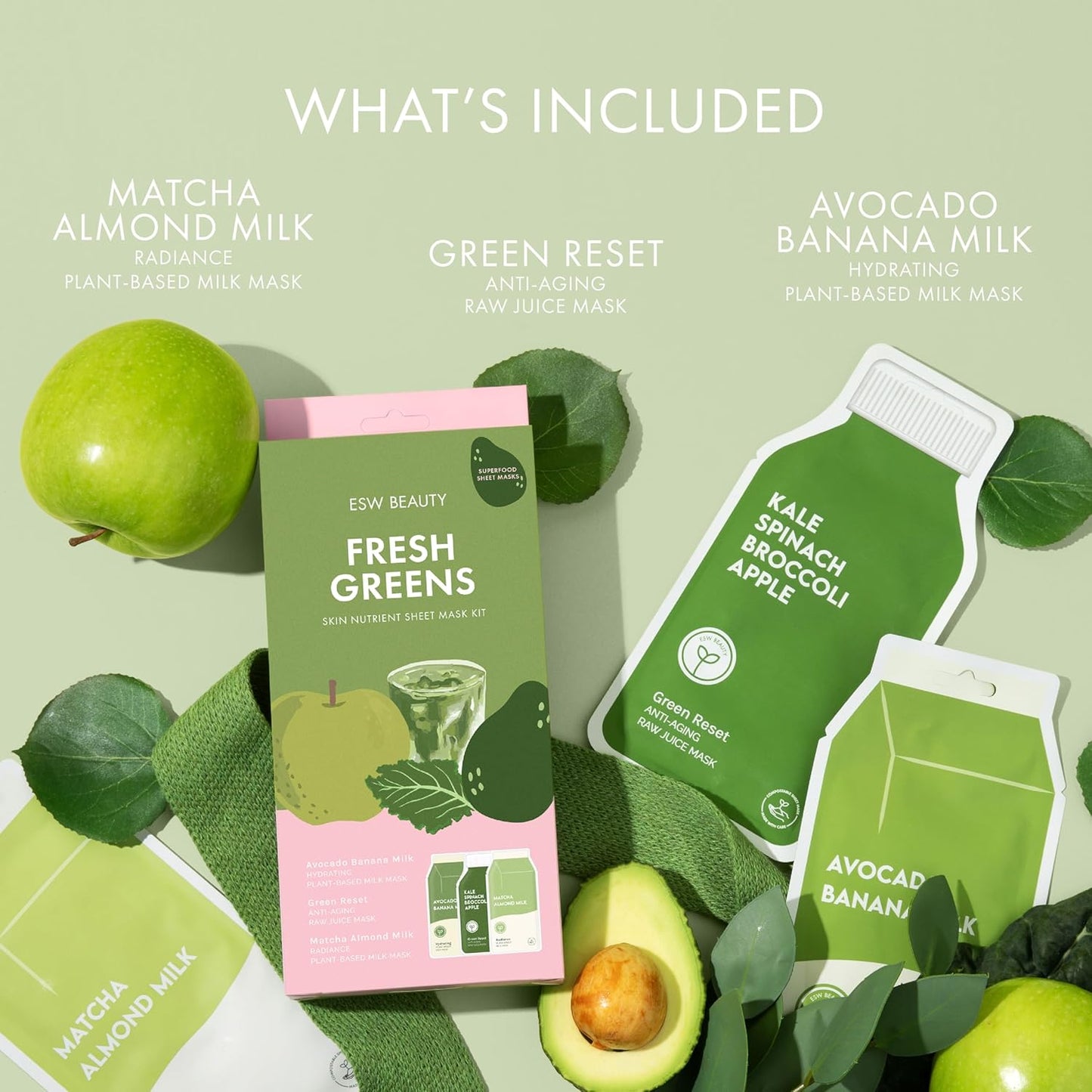 ESW Beauty Fresh Greens Superfood Set – Antioxidant-Rich Face Masks with Apple, Kale, & Broccoli – Includes Matcha Almond, Green Reset & Avocado Banana – Vegan, Clean Beauty for Glowing Skin