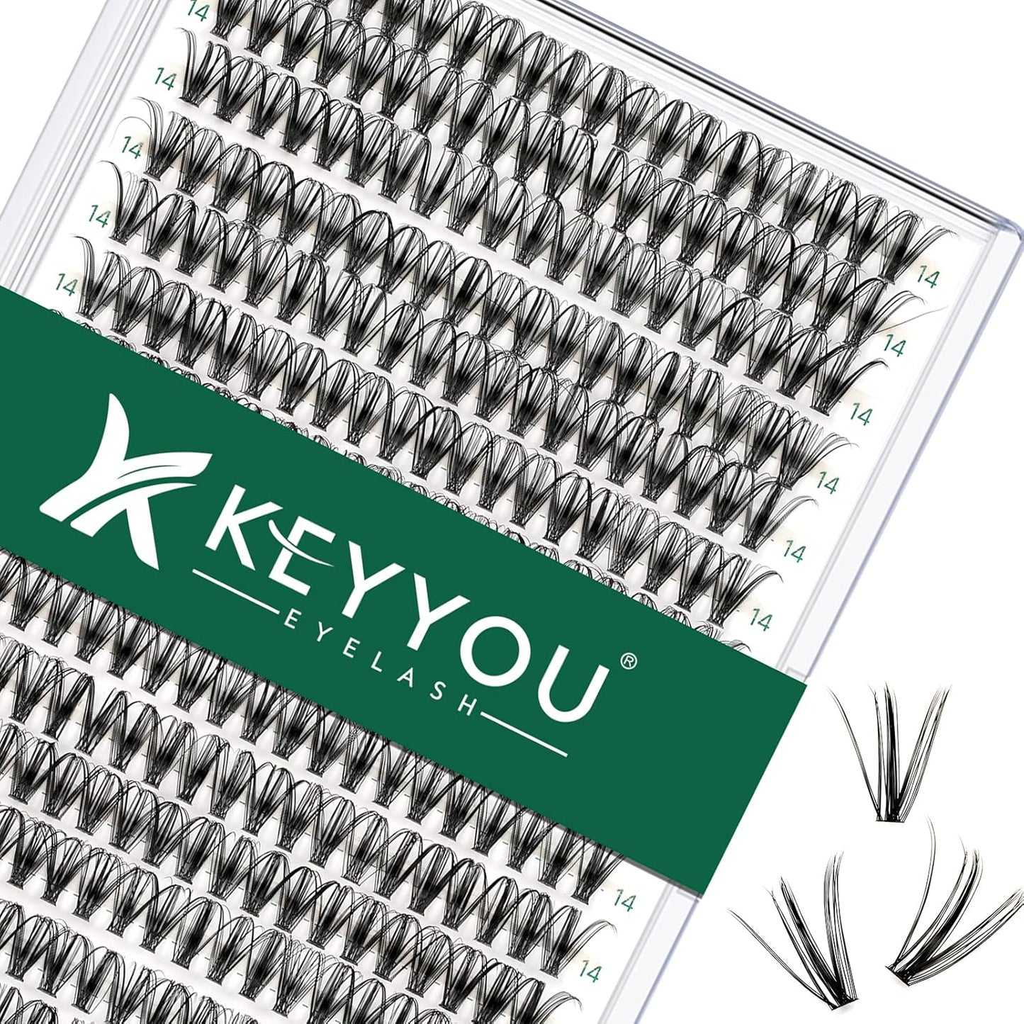 Lash Clusters 300pcs Individual Lashes 30D 0.07D Curl 14mm DIY Eyelash Extension KEYYOU Large Tray Volume Soft&Natural Eyelash Clusters(30D-0.07D,14）