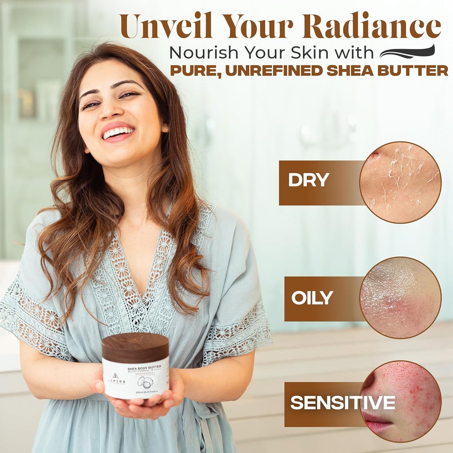 AZMERA Handcrafted Whipped Shea Body Butter – Unscented Moisturizer for Dry, Sensitive Skin with Argan Oil & Vitamin E – Vegan, Non-Greasy Whipped Body Butter for Women & Men – 8.82 oz