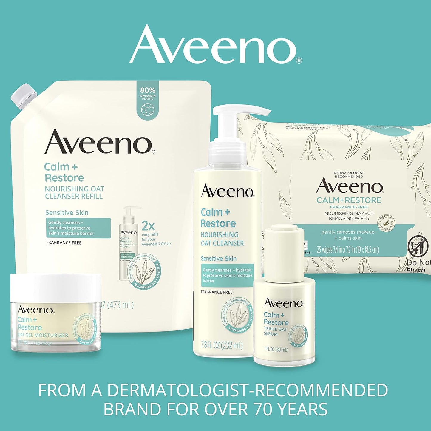 Aveeno Calm + Restore Nourishing Oat Facial Cleanser for Sensitive Skin, Gentle Face Wash with Nourishing Oat & Calming Feverfew, Hypoallergenic, Fragrance-Free, Refill Pouch, 16 fl. oz