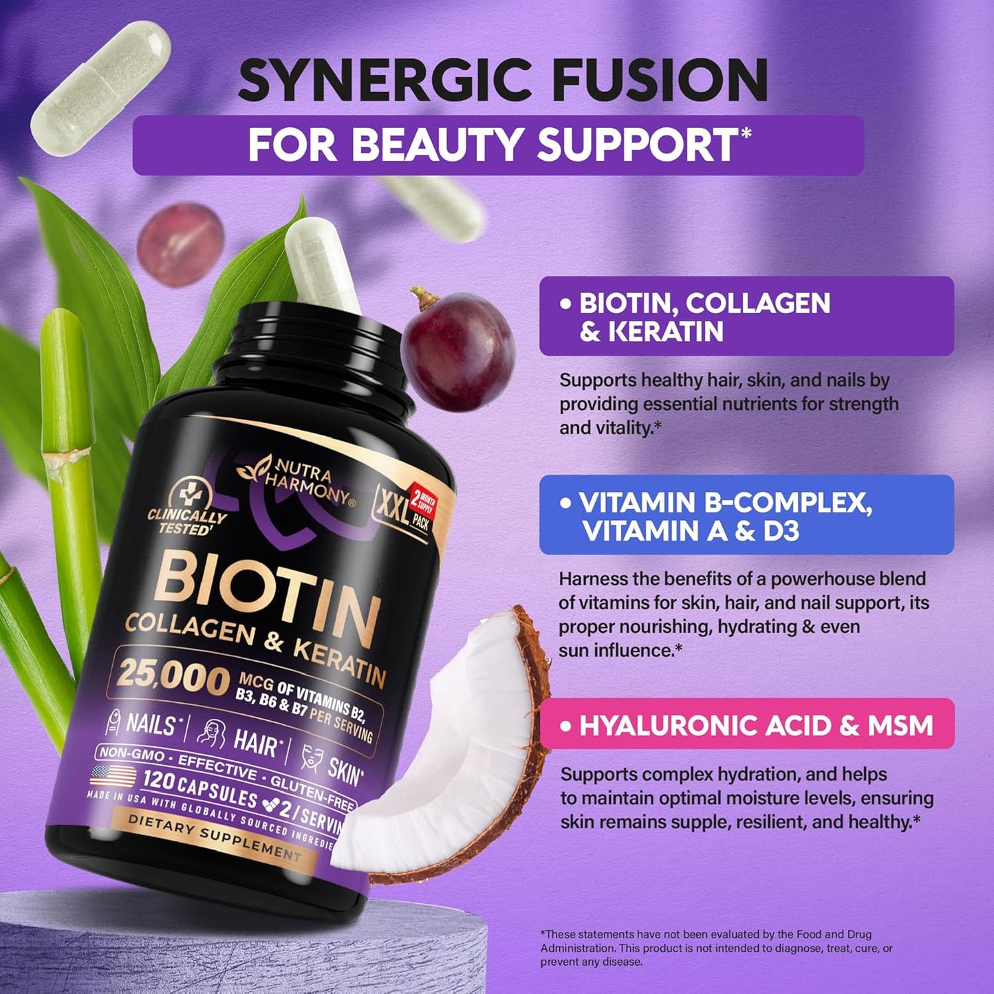 Biotin | Collagen | Keratin - Clinically Tested Supplement - Hair Growth Support, Skin & Nails - 25000 mcg Vitamins B2, B3, B6 & B7 + B1 & Hyaluronic Acid - Made in USA - Women & Men | 120 Capsules
