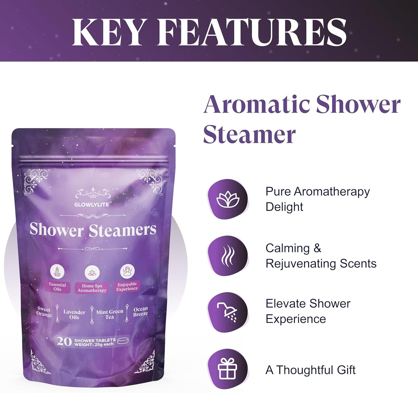 Shower Steamers Aromatherapy | 20 Pack Shower Steamers for Women & Men, Essential Oils for Stress Relief, Self Care, Gifts for Mom, Birthday, Stocking Stuffers & Christmas (Purple)