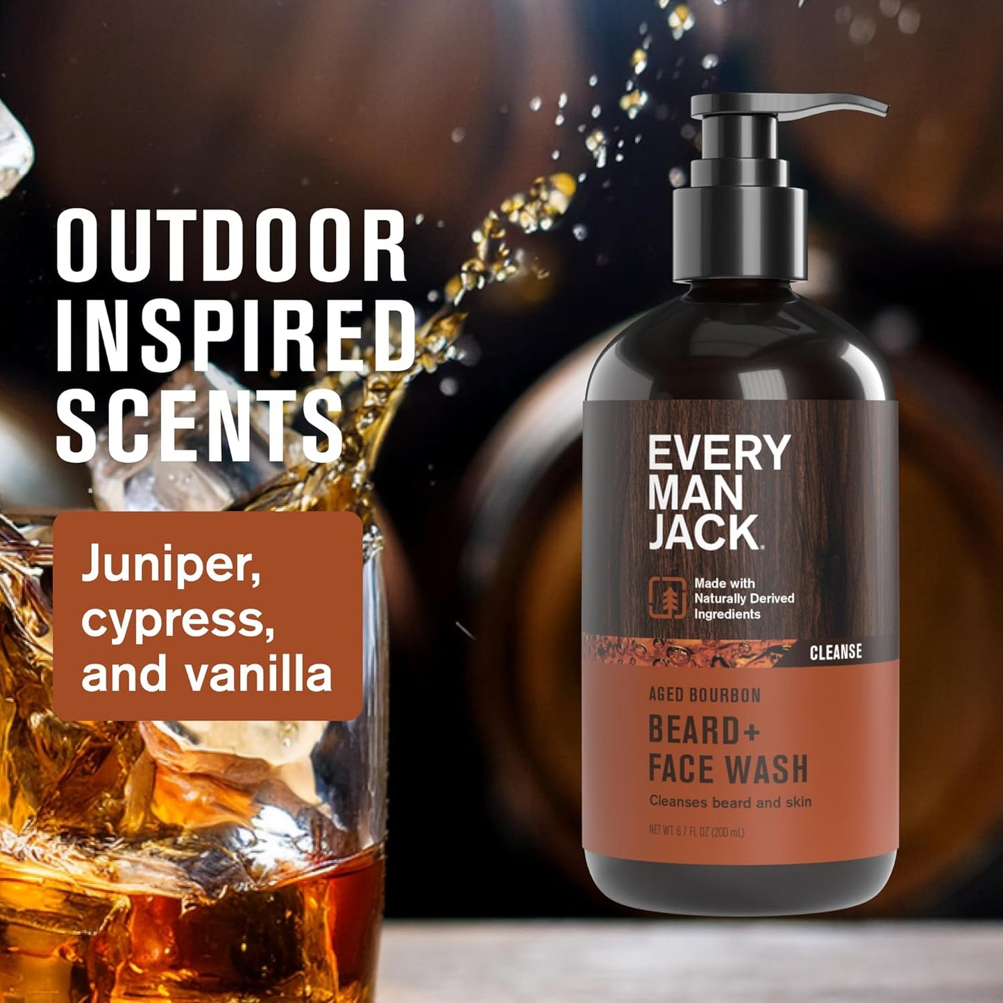 Every Man Jack Beard + Face Wash - Subtle Aged Bourbon Fragrance - Cleans and Helps Condition and Soften Your Beard and Skin Underneath - Naturally Derived with Aloe and Glycerin- 6.7 fl oz (2 Pack)