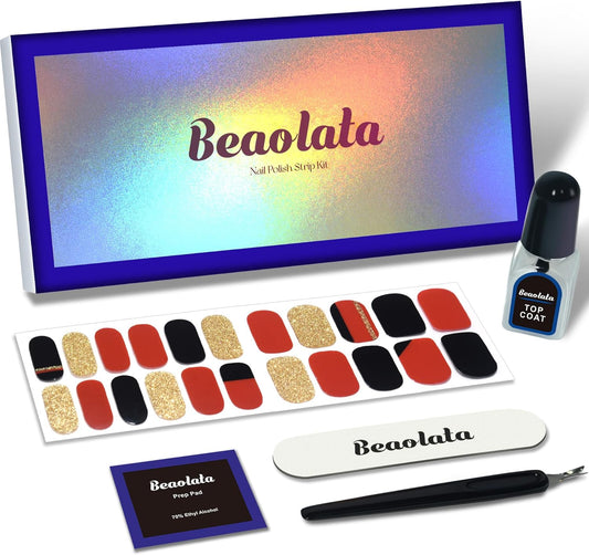 Nail Polish Strips, 44PCS Salon Quality Wraps with Top Coat, Long Lasting Gel Nail Stickers for Women Easy Apply& Remove (Upside Red&Black&Gold)