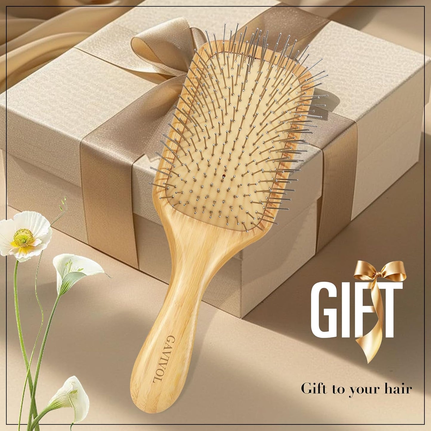 Bamboo Paddle Hair Brush with Steel Bristles for Detangling & Scalp Massage – Ergonomic Bamboo Handle – Anti-Static Metal Bristle Hairbrush for All Hair Types