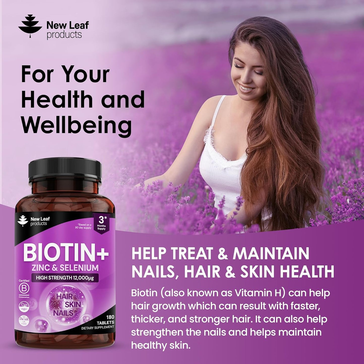 Biotin Hair Growth Vitamins 12000mcg High Strength with Coconut Oil - Promotes Healthy Hair Skin & Nails - Biotin Vitamins for Women& Men Vegan, Gluten Free Supplements - Made in The UK by New Leaf