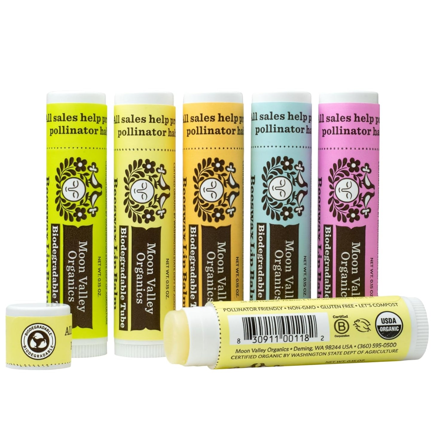 Moon Valley Organics Beeswax Lip Balm for Moisturizing Lips and Cuticles (Coconut Lime | Honey | Mint Vanilla | Vanilla (2) | Blackberry, 6-Pack)