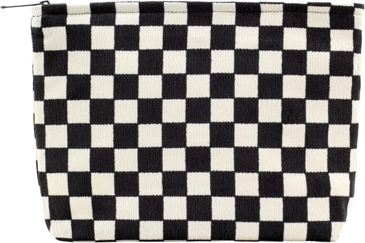 PAZIMIIK Makeup Bag Large Zipper Corduroy Make Up Pouch for Purse Travel Canvas Cosmetic Organizer for Women Brush Storage,Checkered Black