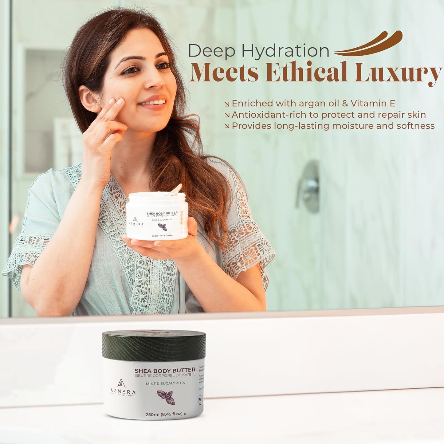 AZMERA Handcrafted Whipped Shea Body Butter – Refreshing Mint & Eucalyptus Scented Moisturizer for Dry, Sensitive Skin, Argan Oil & Vitamin E – Vegan, Non-Greasy Skincare – 8.82 oz